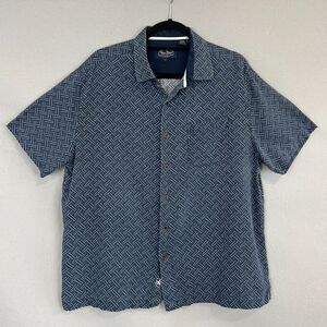 Nat Nast Silk Cotton Blend Camp Shirt Large Blue Geometric Cuban Resort Casual